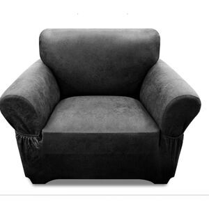 Armchair Cover Leather Look SLIPCOVER with Arms Elastic Bottom Pockets Dark Grey